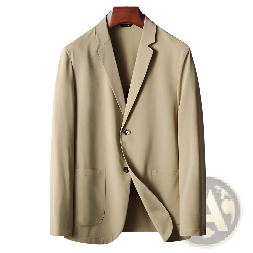 Beige men lightweight stretch anti-wrinkle single-breasted suit jacket with two front buttons and flap pockets hanging on hanger