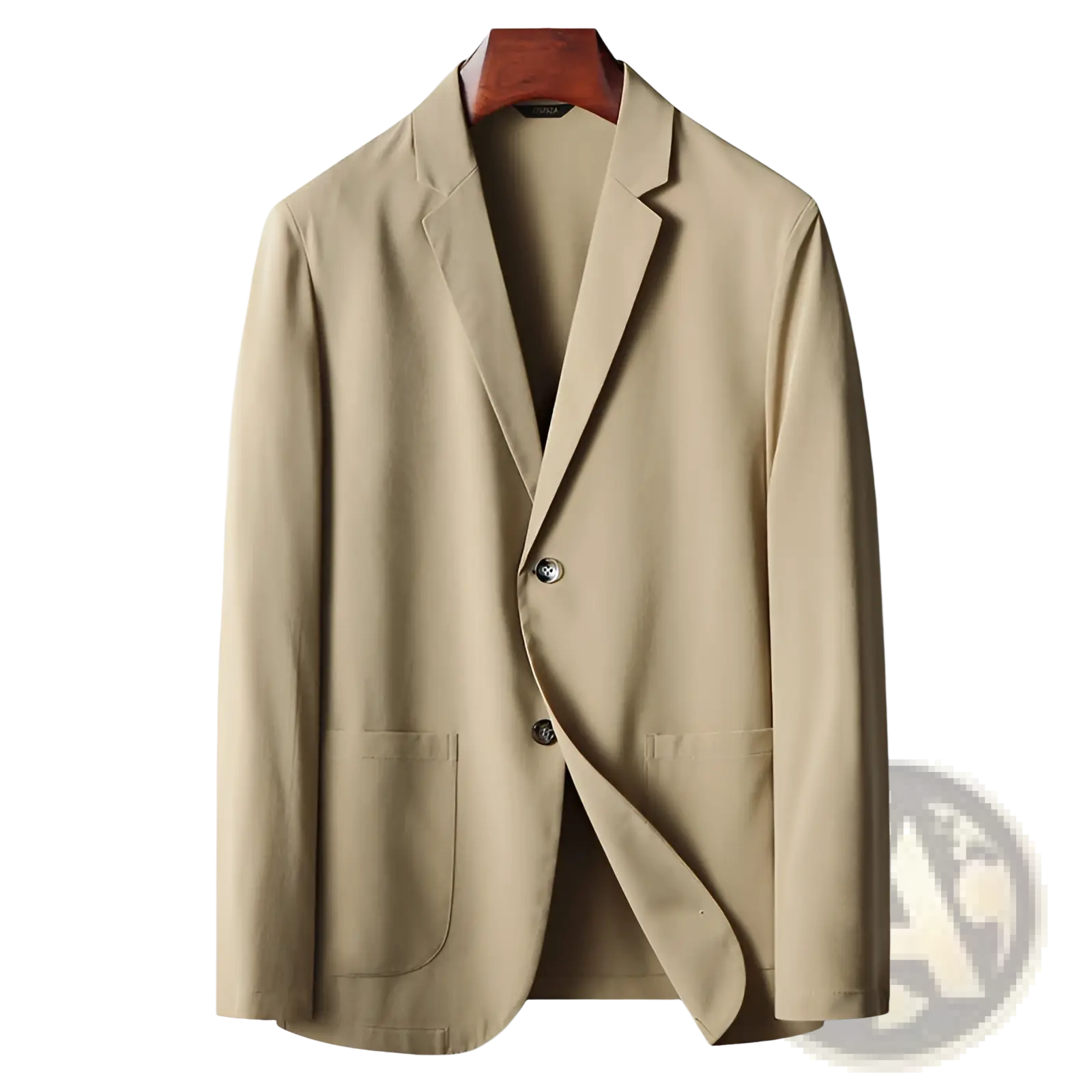 Beige men lightweight stretch anti-wrinkle single-breasted suit jacket with two front buttons and flap pockets on hanger