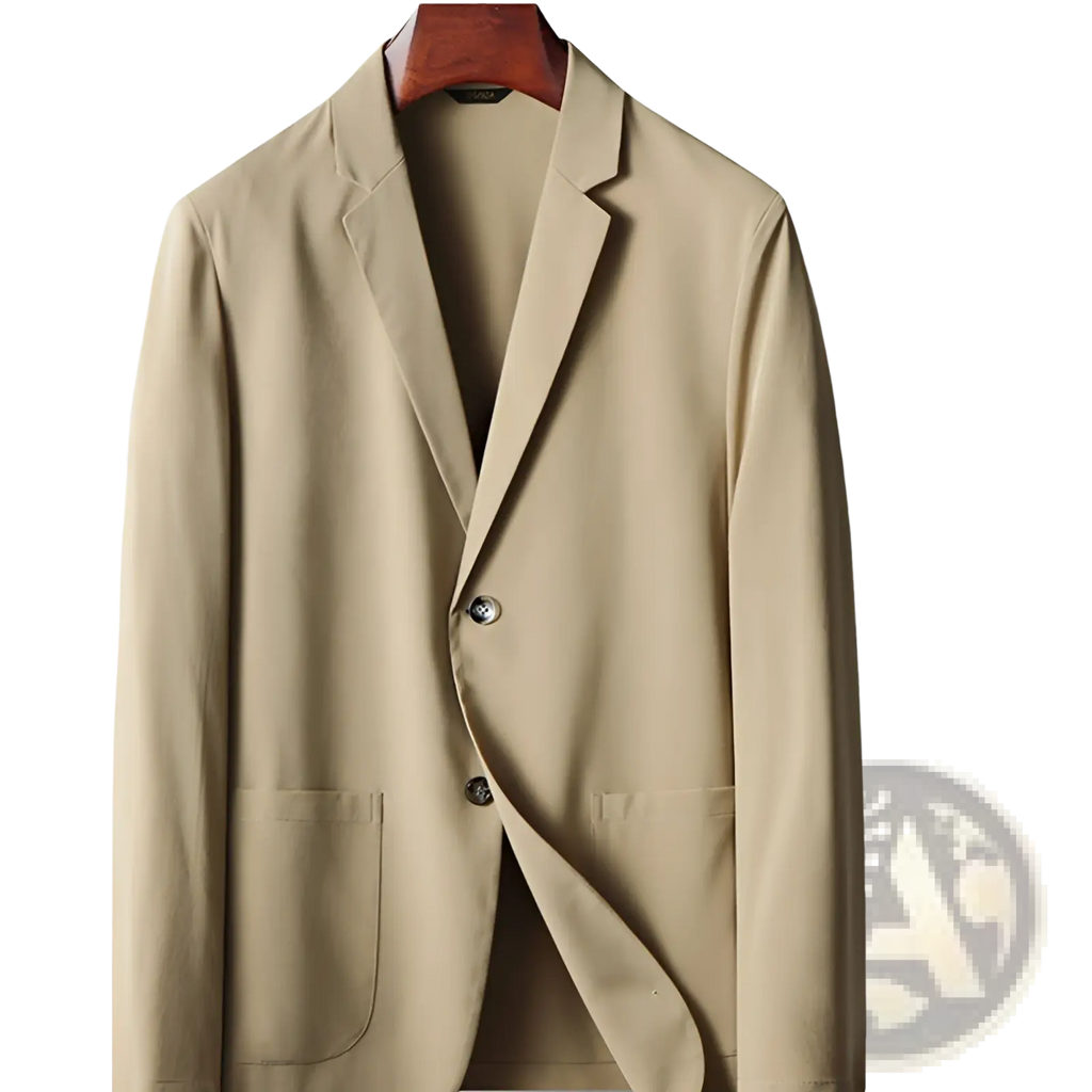 Beige men lightweight stretch anti-wrinkle single-breasted suit jacket with two buttons and flap pockets on hanger