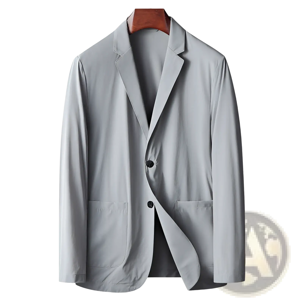 Light gray men’s lightweight stretch anti-wrinkle suit jacket with sleek modern design and two black buttons