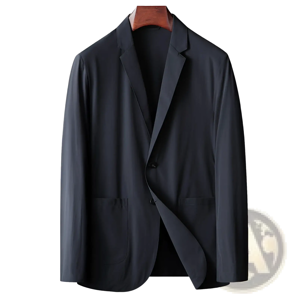 Men lightweight stretch anti-wrinkle suit jacket in dark navy with smooth fabric and classic single-breasted design