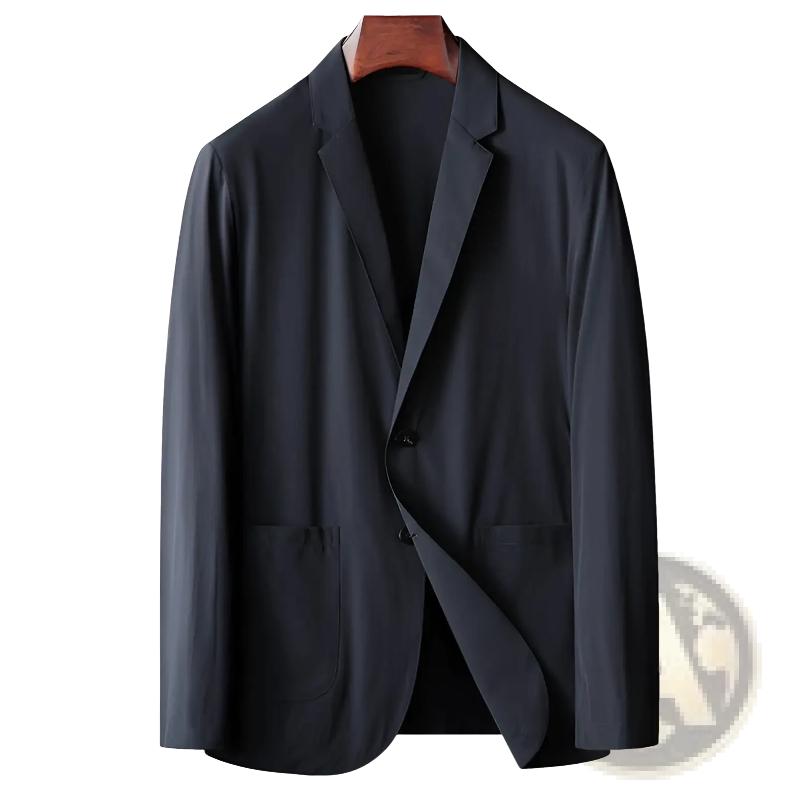 Men lightweight stretch anti-wrinkle suit jacket in dark navy with smooth fabric and classic single-breasted design