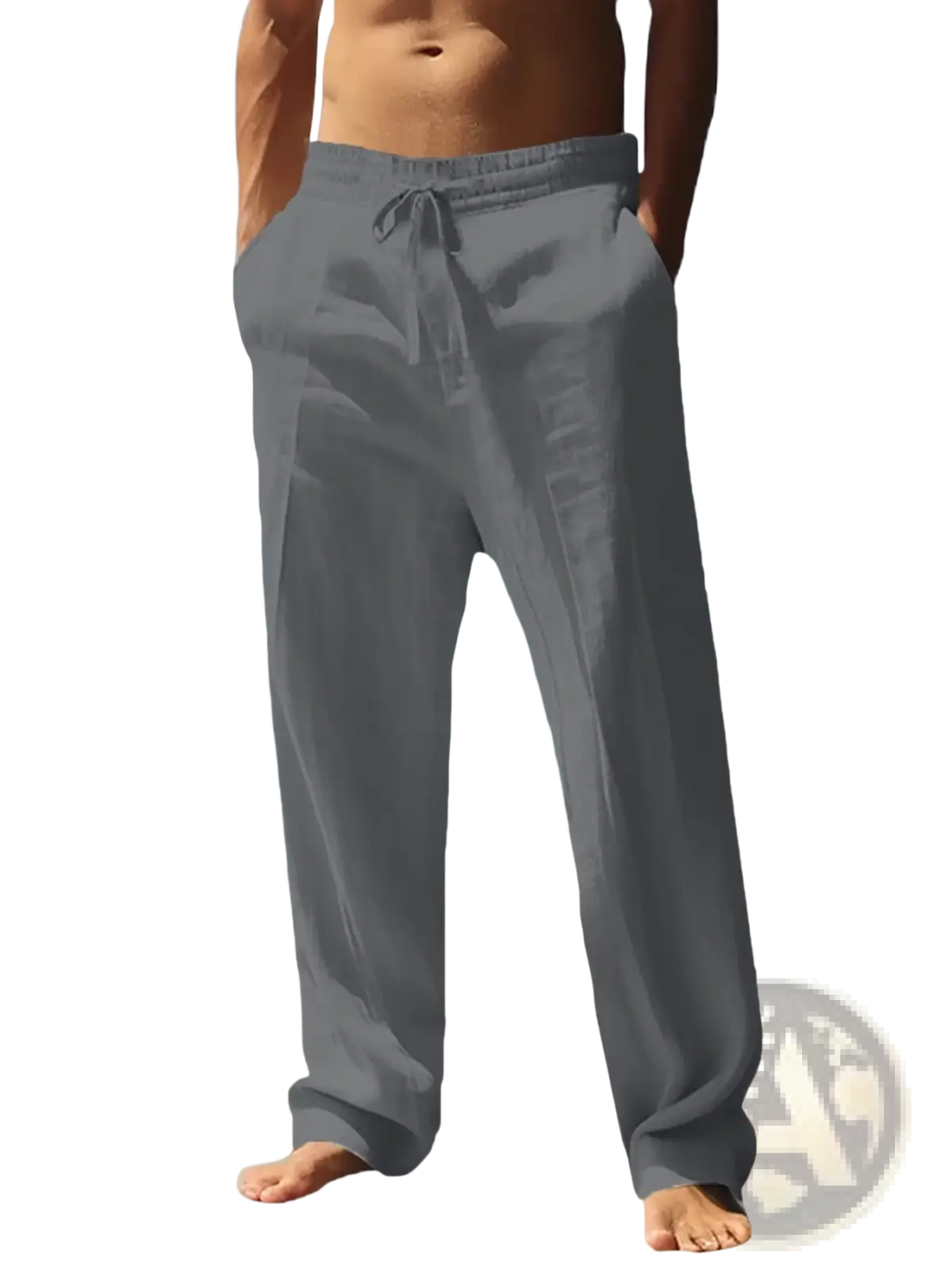 Gray lightweight summer linen trousers with a drawstring waistband for men in a loose fit style