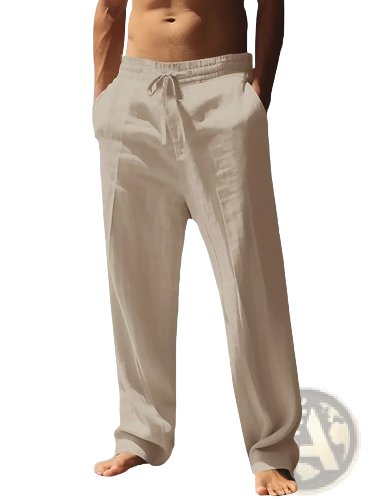 Beige lightweight summer linen trousers for men with a loose fit and drawstring waistband