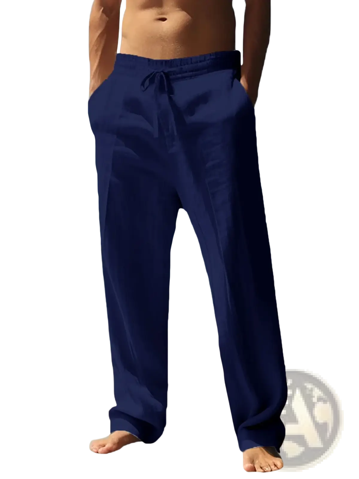 Men lightweight summer linen trousers loose fit navy blue cotton drawstring pants for casual wear