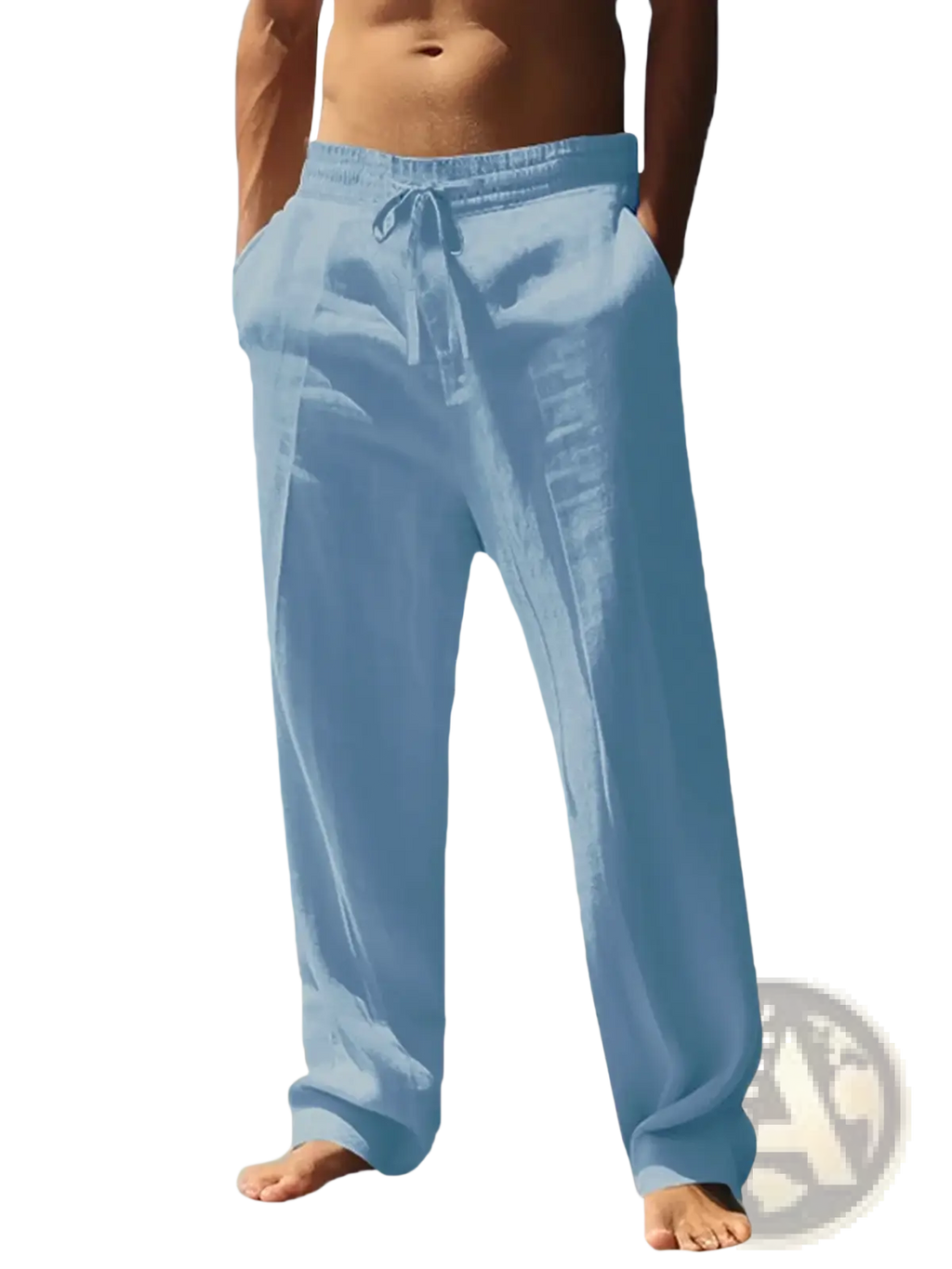 Men lightweight summer linen trousers in light blue with a loose fit elastic waistband and drawstring closure