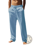 Men lightweight summer linen trousers in light blue with a loose fit elastic waistband and drawstring closure