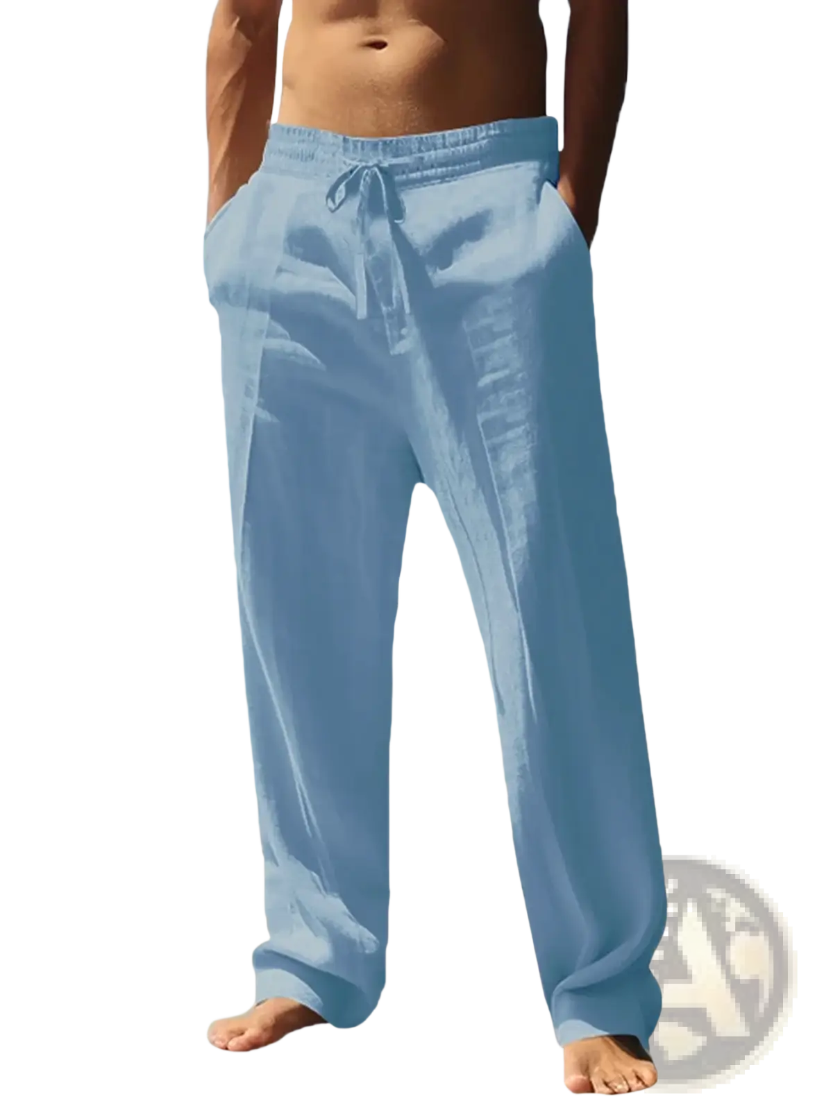 Men lightweight summer linen trousers in light blue with a loose fit elastic waistband and drawstring closure