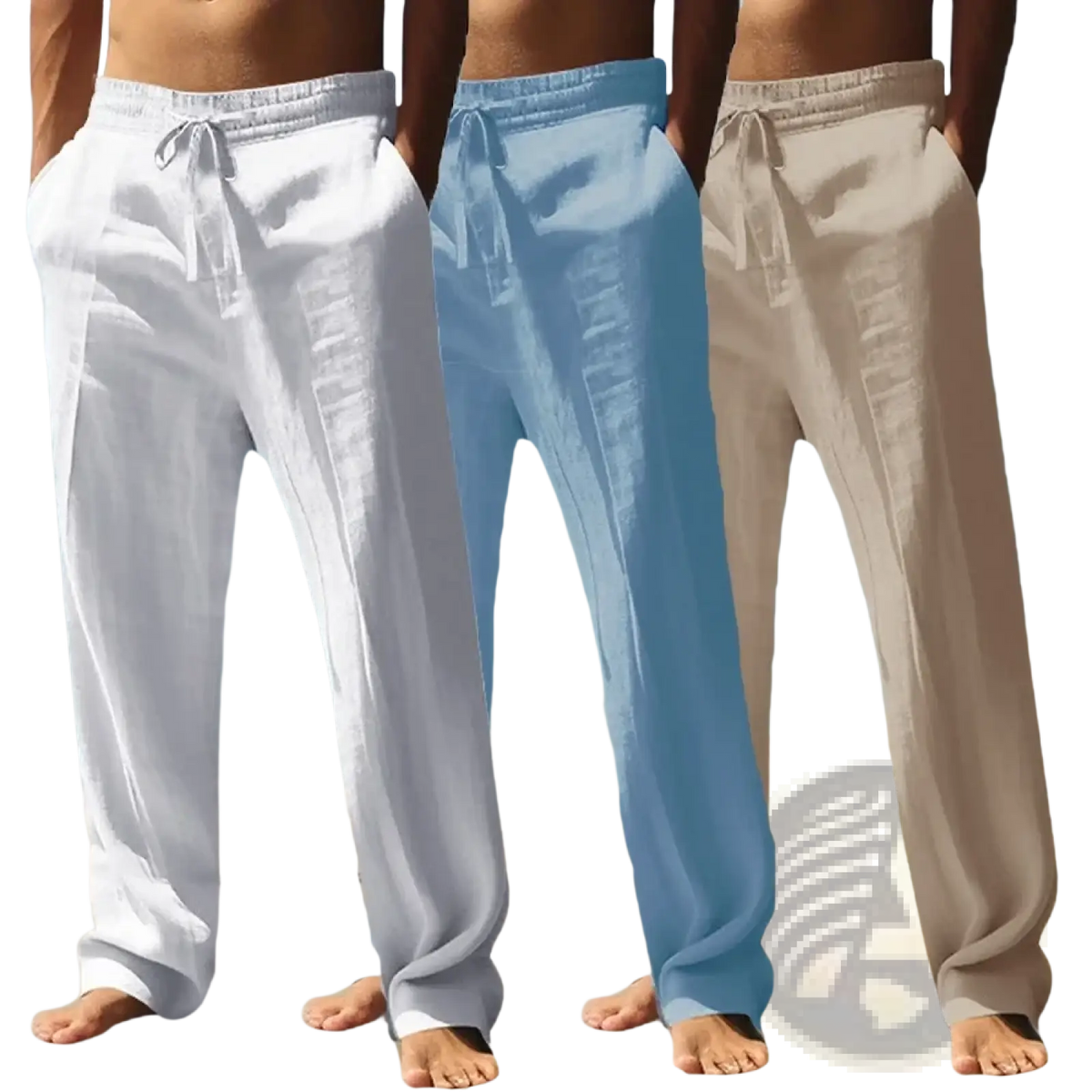Men lightweight summer linen trousers in white light blue and beige with elastic waistbands and drawstrings