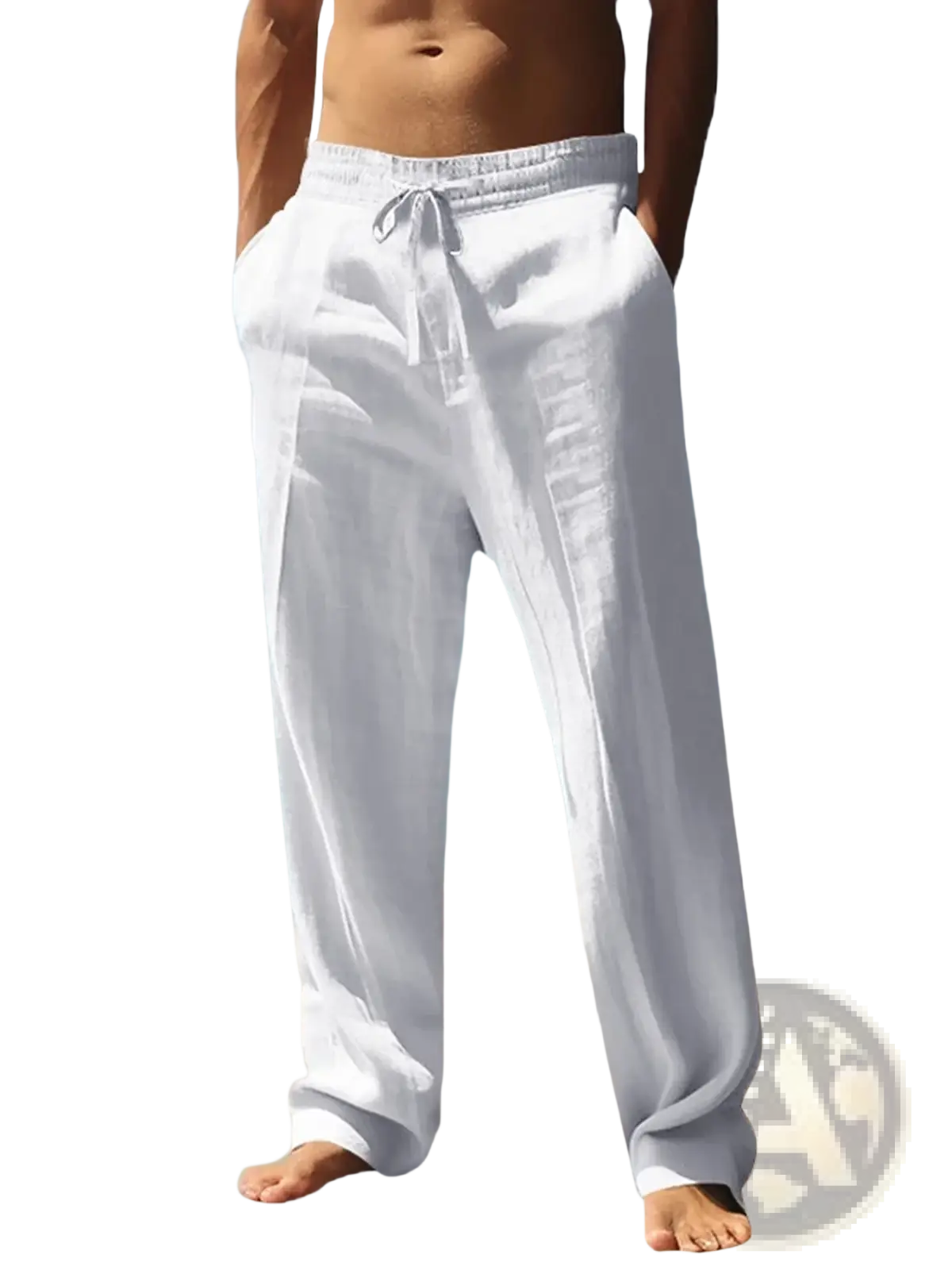 Men lightweight summer linen trousers in white with drawstring waistband and loose fit for comfort and breathability