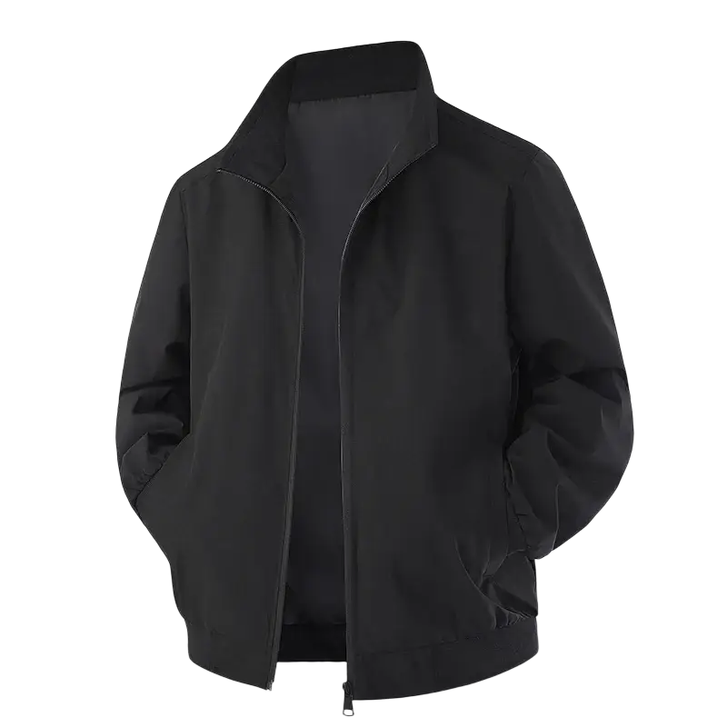 Men lightweight black zip-up windbreaker jacket with stand collar and two front pockets for wind protection