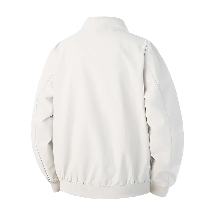 Men lightweight off-white bomber jacket with smooth fabric turn down collar and subtle seam detailing