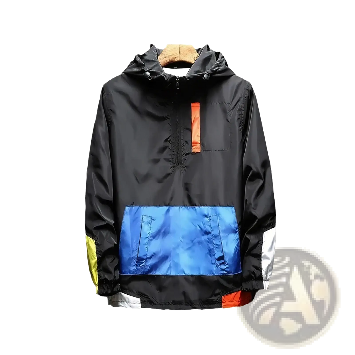 Men lightweight windbreaker outdoor sports hoodie in black blue and orange color block with hood for active wear