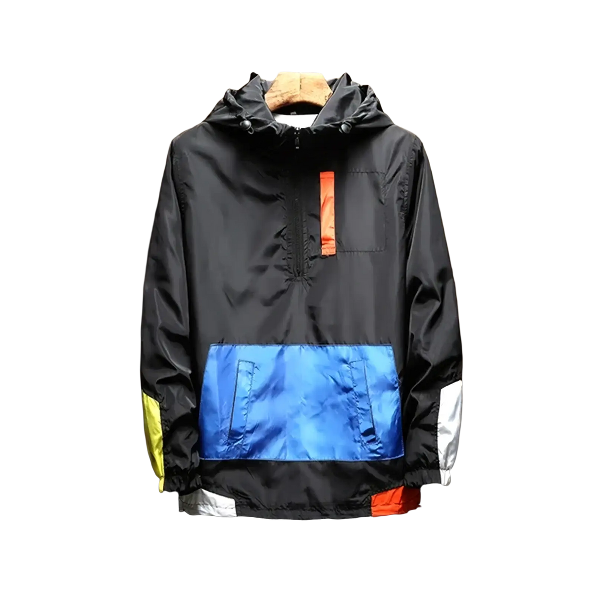 Men lightweight windbreaker outdoor sports hoodie in black blue and orange color block with a hood