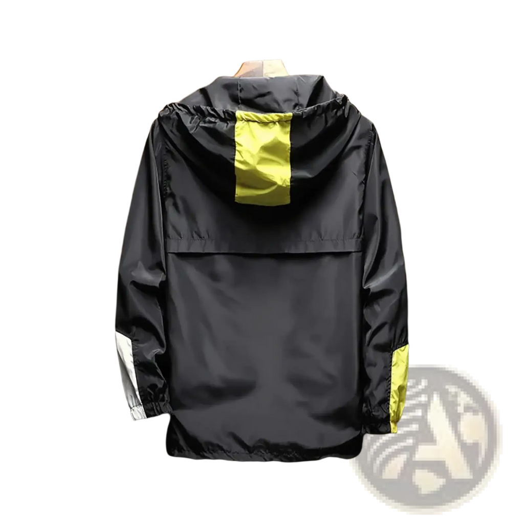 Men lightweight windbreaker outdoor sports hoodie in black and neon yellow with reflective white accents on the sleeves