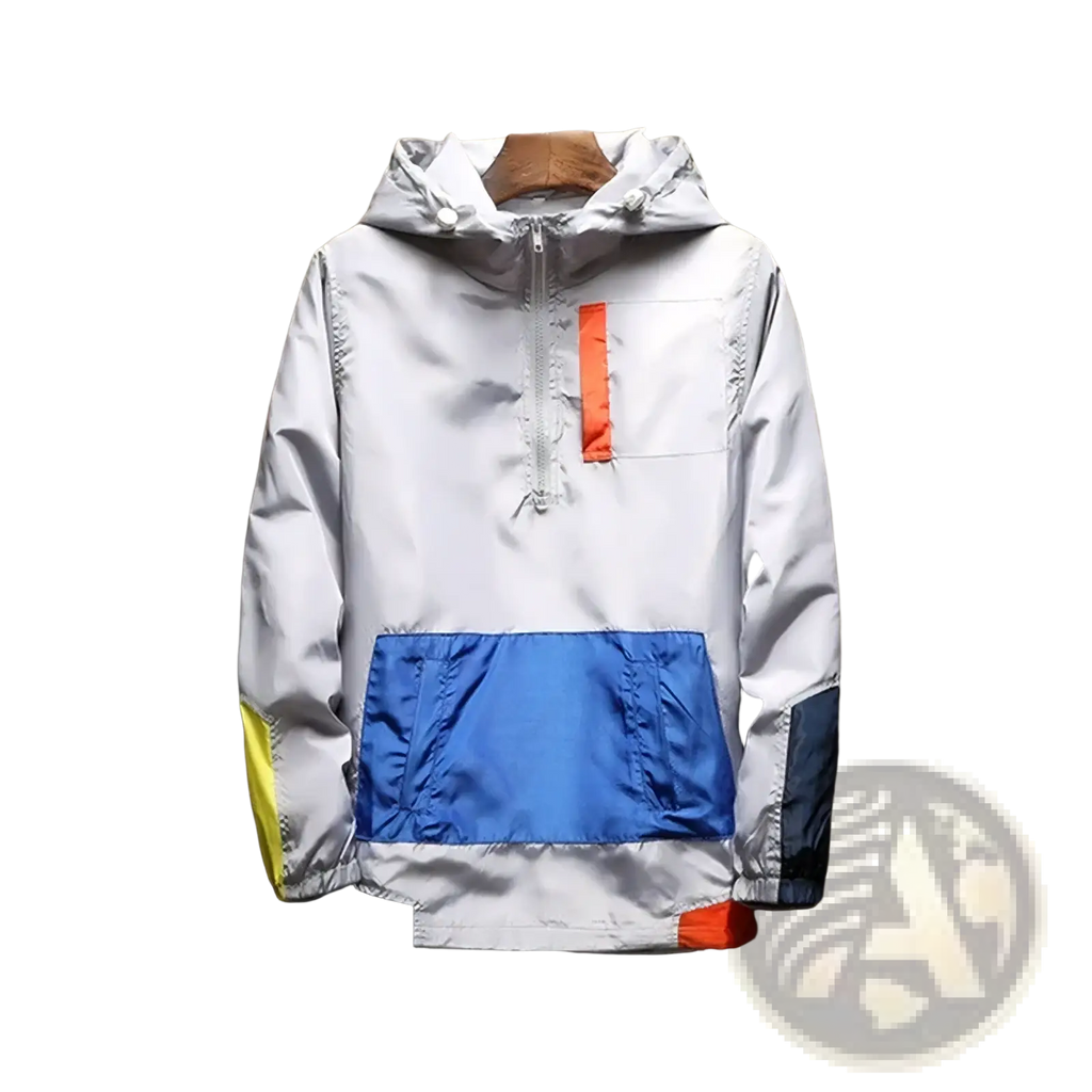 Men lightweight windbreaker outdoor sports hoodie in white with bold blue and orange color-block design