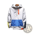 Men lightweight windbreaker outdoor sports hoodie in white with bold blue and orange color-block design