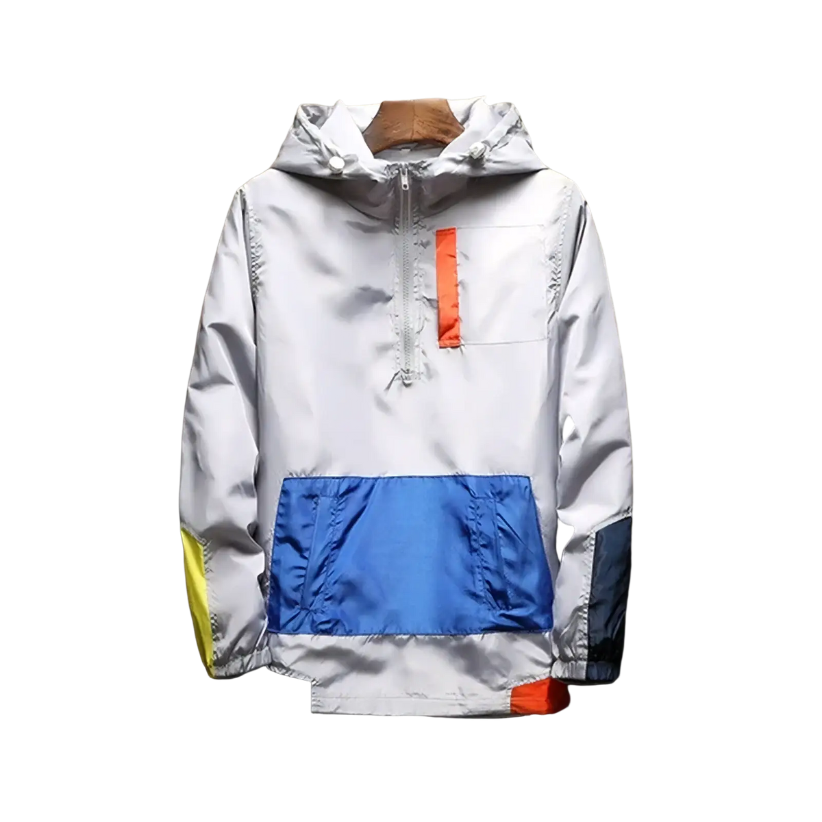 Men lightweight windbreaker outdoor sports hoodie in white with bold blue and orange color-block design