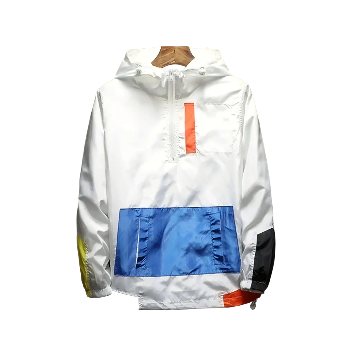 Men lightweight windbreaker outdoor sports hoodie in white with hood and bold blue orange yellow black color-block panels