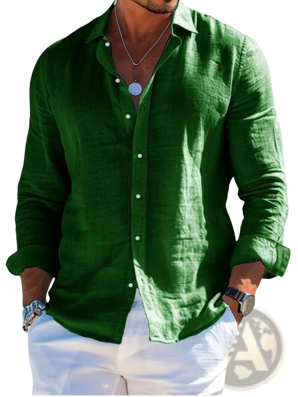 Men linen beach shirt long sleeve casual summer top in rich green lightweight fabric with subtle texture