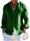 Men linen beach shirt long sleeve casual summer top in rich green lightweight fabric with subtle texture