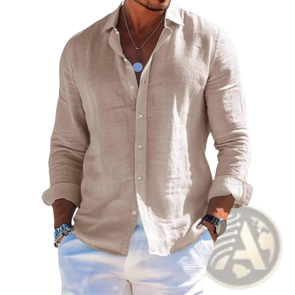 Men linen beach shirt long sleeve casual summer top in beige linen with button-down front and rolled-up sleeves