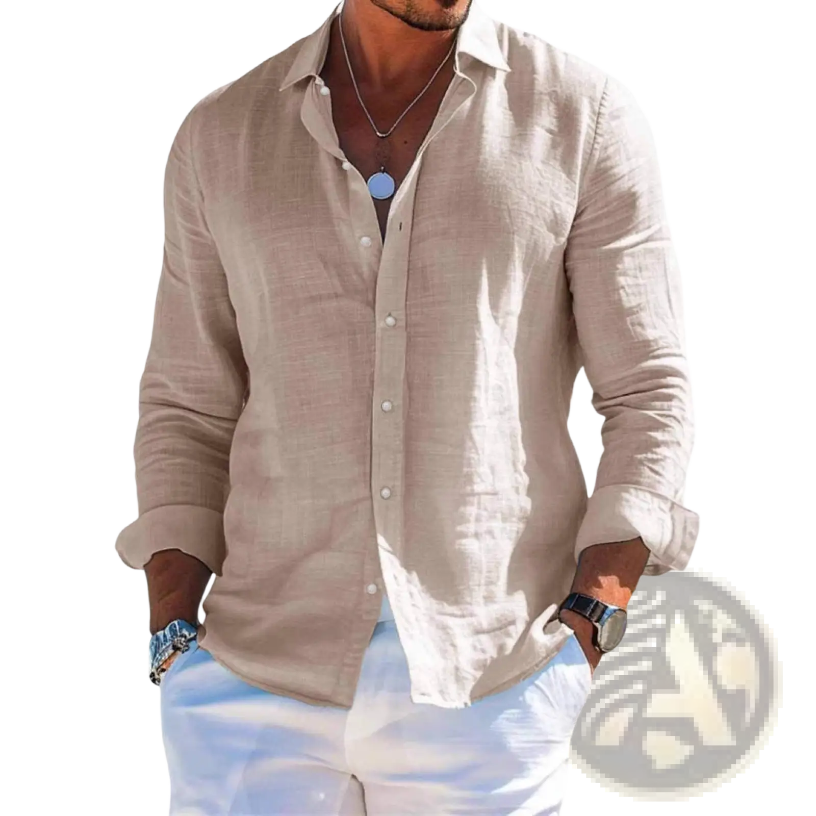 Men linen beach shirt long sleeve casual summer top in beige linen with button-down front and rolled-up sleeves