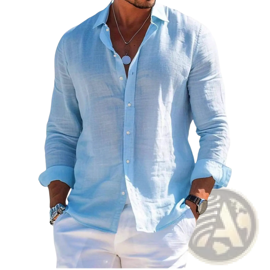Light blue men linen beach shirt long sleeve with button-down front and rolled cuffs casual summer top