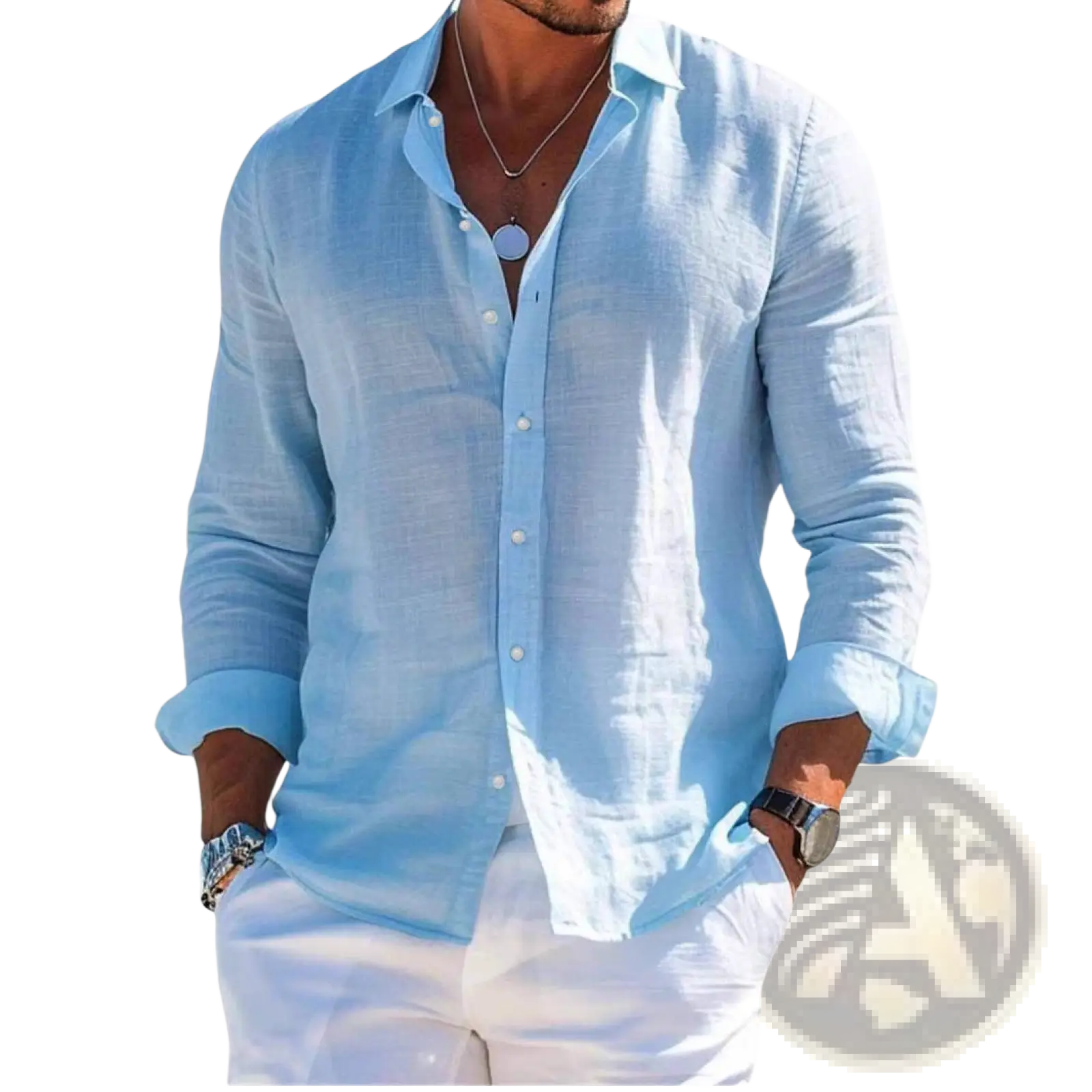 Light blue men linen beach shirt long sleeve with button-down front and rolled cuffs casual summer top