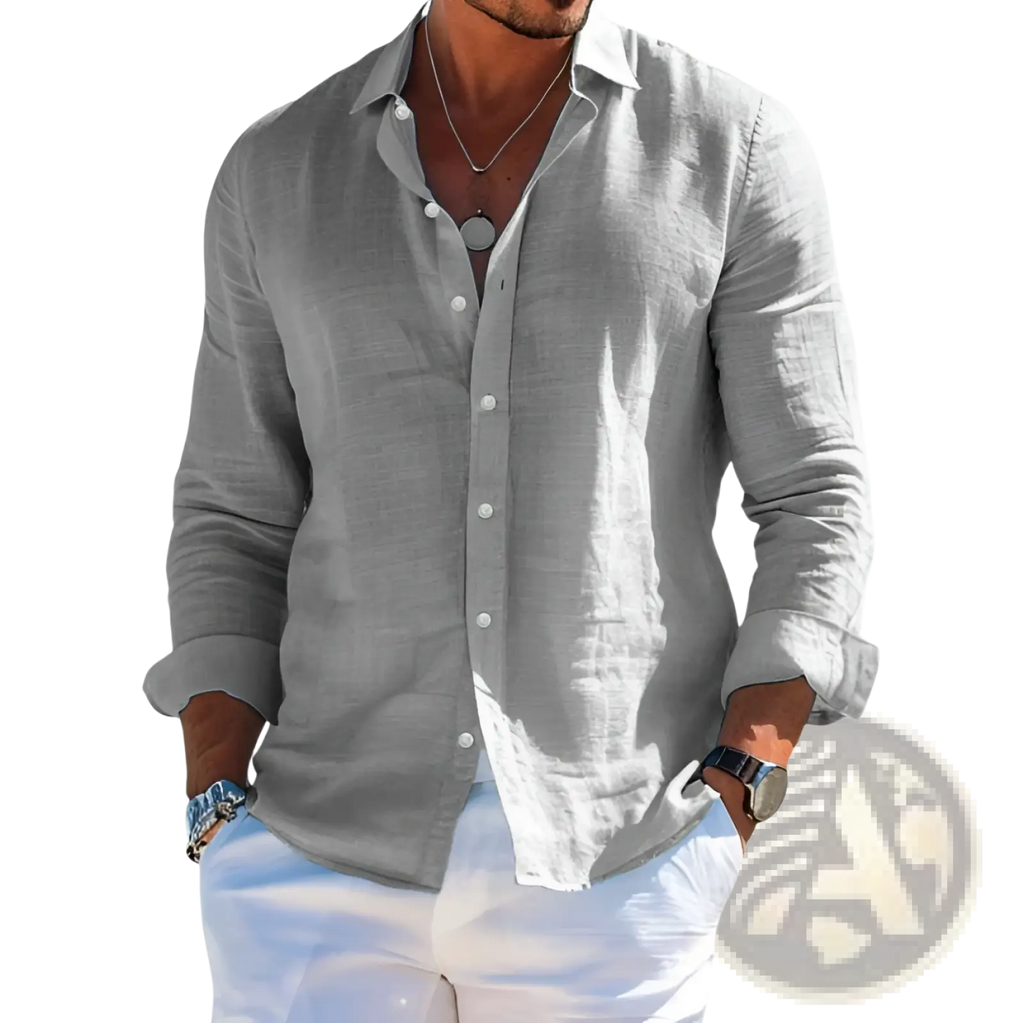 Light gray linen men linen beach shirt with long sleeves rolled up and white buttons for casual summer wear