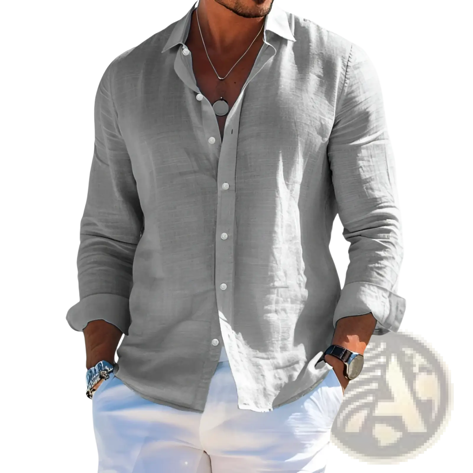 Light gray linen men linen beach shirt with long sleeves rolled up and white buttons for casual summer wear