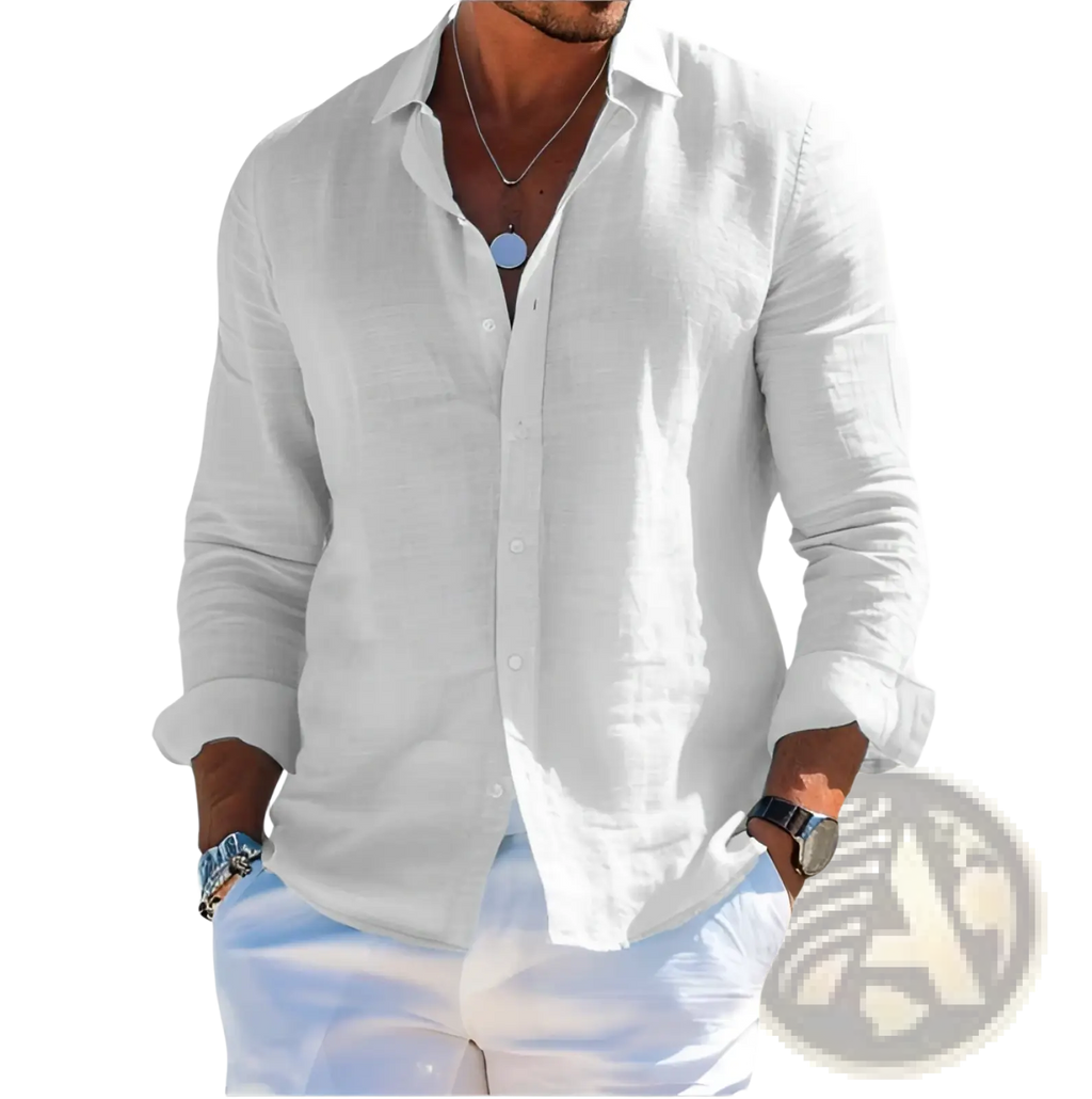A crisp white linen long sleeve button down beach shirt with rolled sleeves and a classic collar for men
