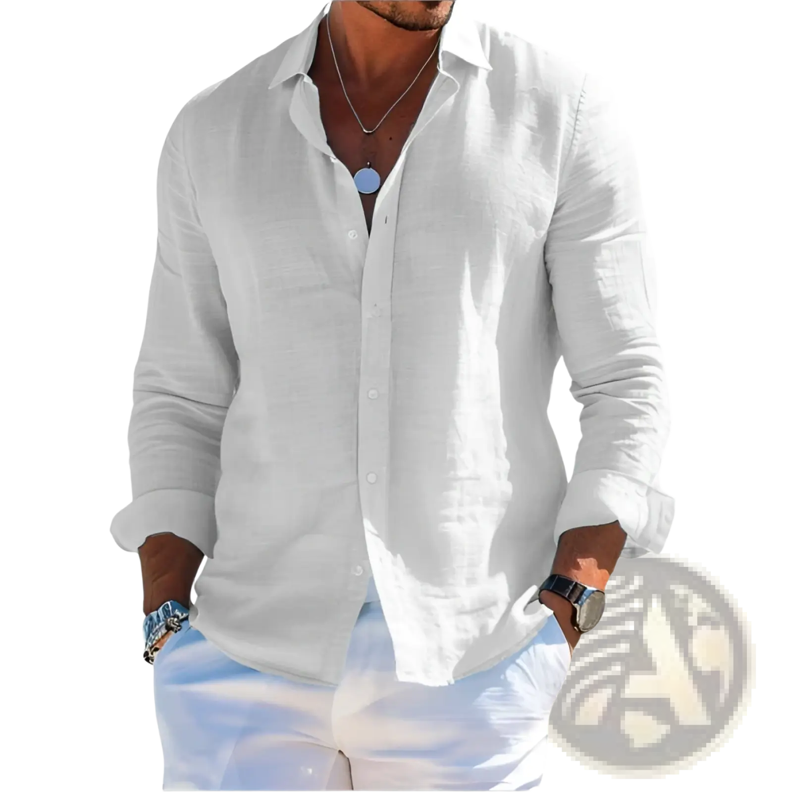 A crisp white linen long sleeve button down beach shirt with rolled sleeves and a classic collar for men