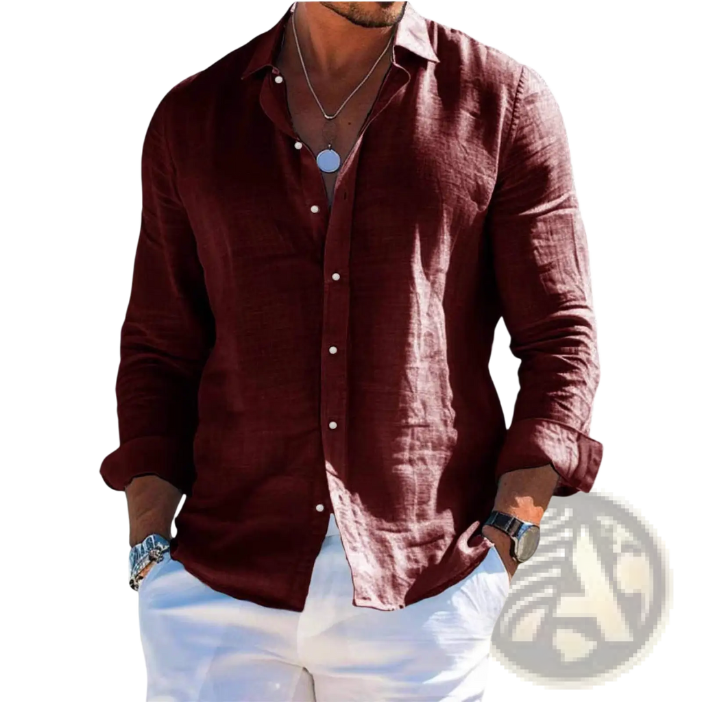 A men linen beach shirt long sleeve casual summer top in deep maroon textured fabric with white buttons and rolled cuffs