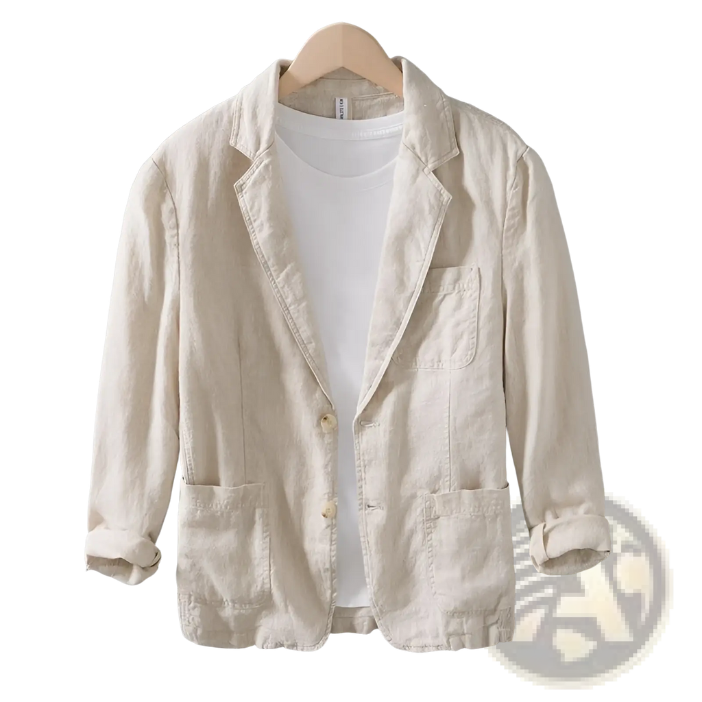 Beige linen blazer with rolled-up sleeves and two front pockets for men casual loose suit jacket
