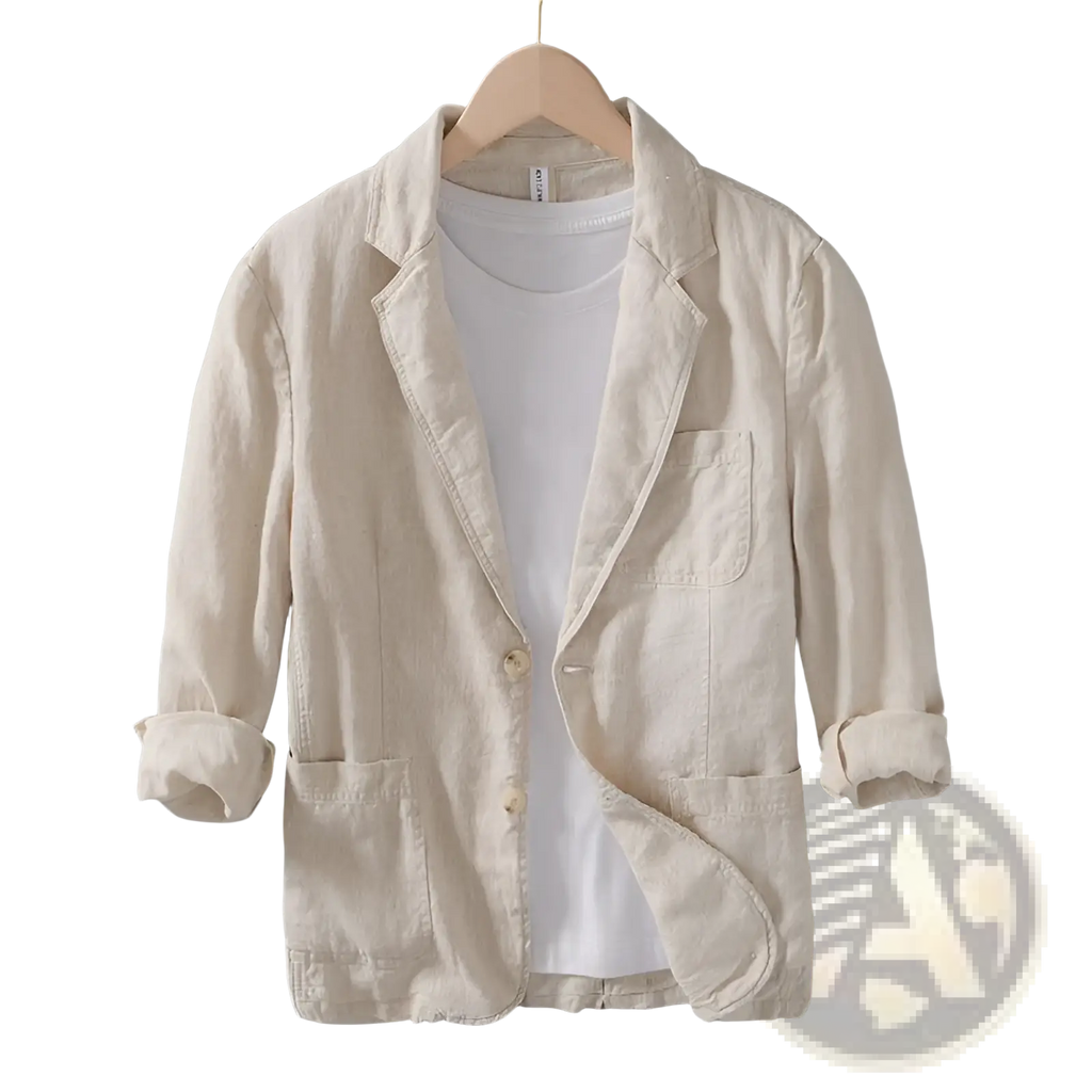 Beige linen blazer with rolled up sleeves and two front pockets casual loose suit jacket for men