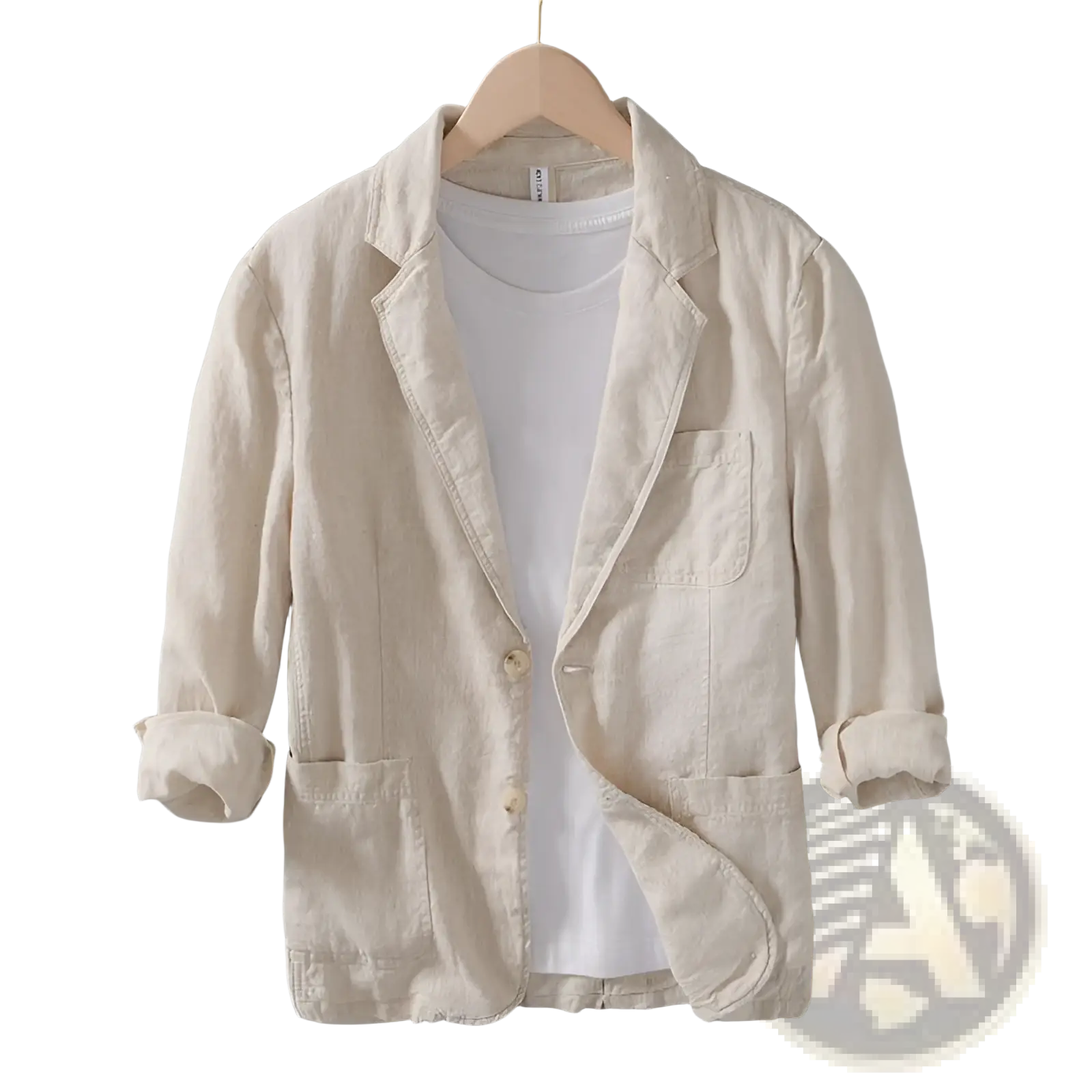 Beige linen blazer with rolled up sleeves and two front pockets casual loose suit jacket for men