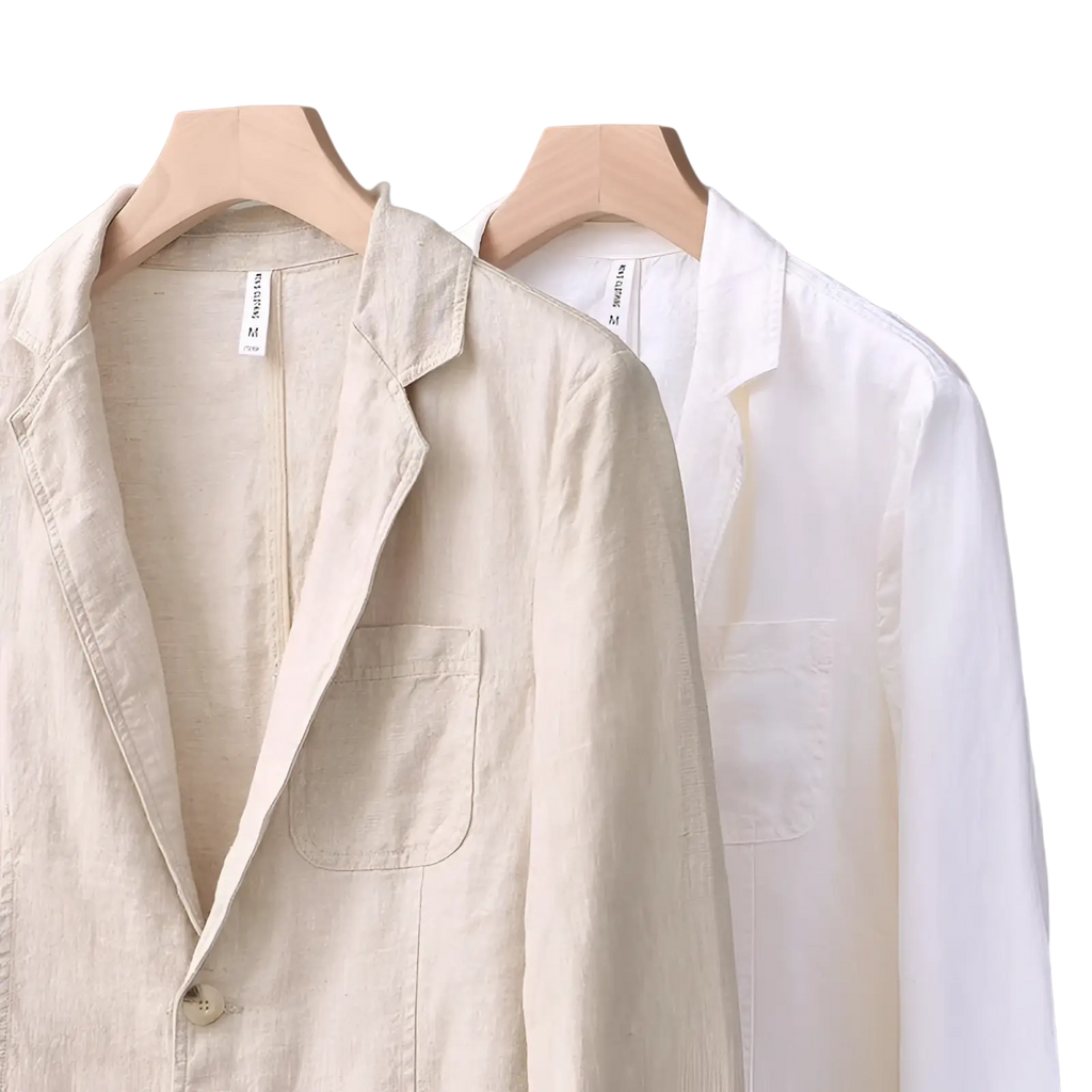 Beige men linen blazer casual loose suit jacket with subtle texture single-breasted design beside white cotton shirt