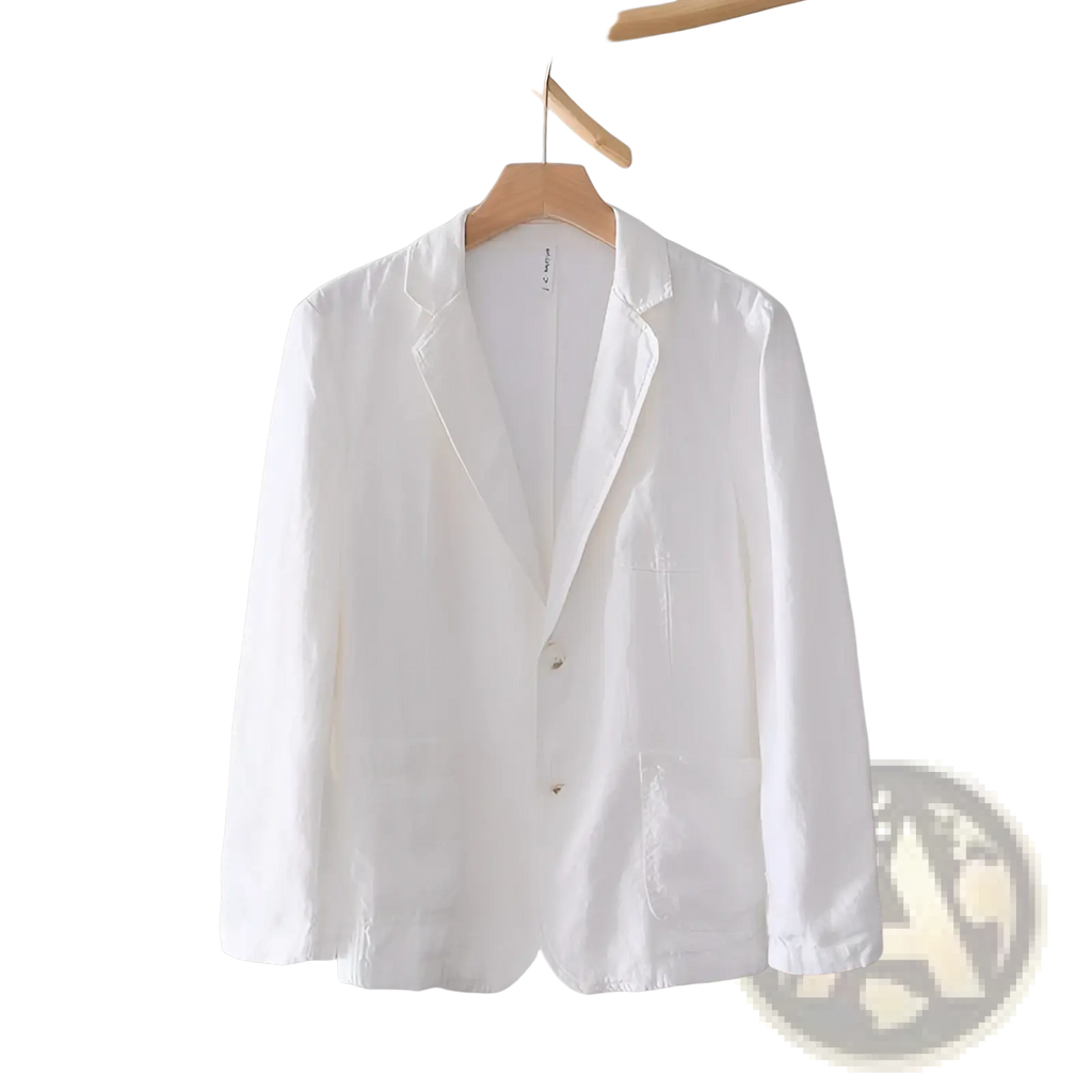A crisp white men linen blazer with double-breasted design and subtle texture for casual loose suit wear