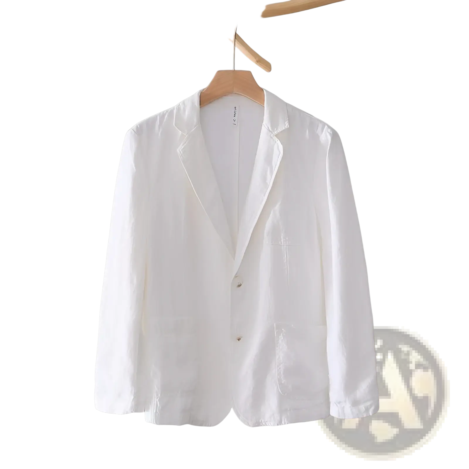 A crisp white men linen blazer with double-breasted design and subtle texture for casual loose suit wear