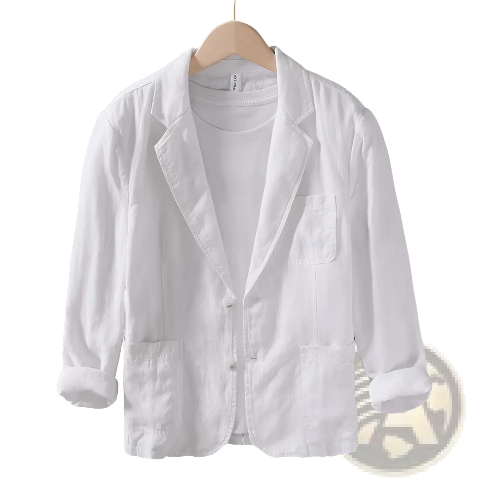 Men linen blazer casual loose suit jacket in white with rolled-up sleeves and two front pockets made of linen