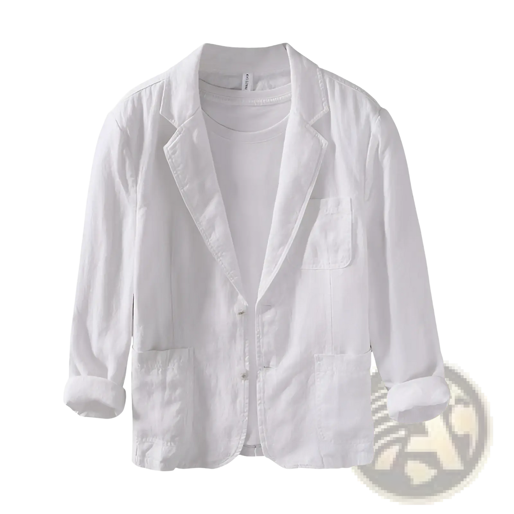 Men linen blazer white with rolled-up sleeves and front button closure casual loose suit jacket