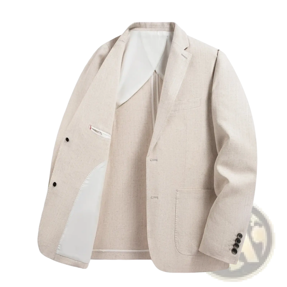 Beige men linen blazer with half lining black buttons crisp smart casual design for summer wear