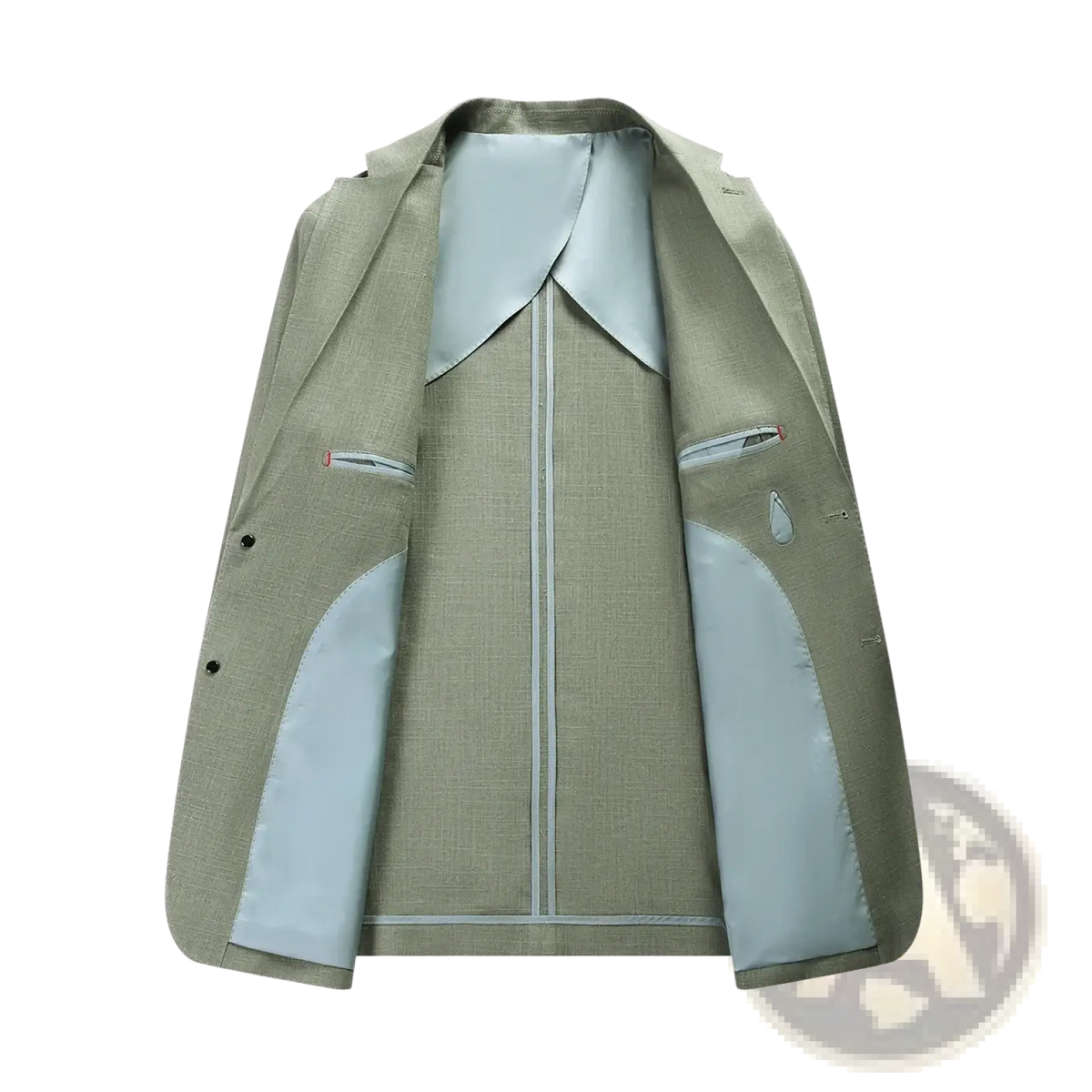 Beige men linen blazer with half lining, silky smooth exterior, and light blue satin lining for smart casual wear