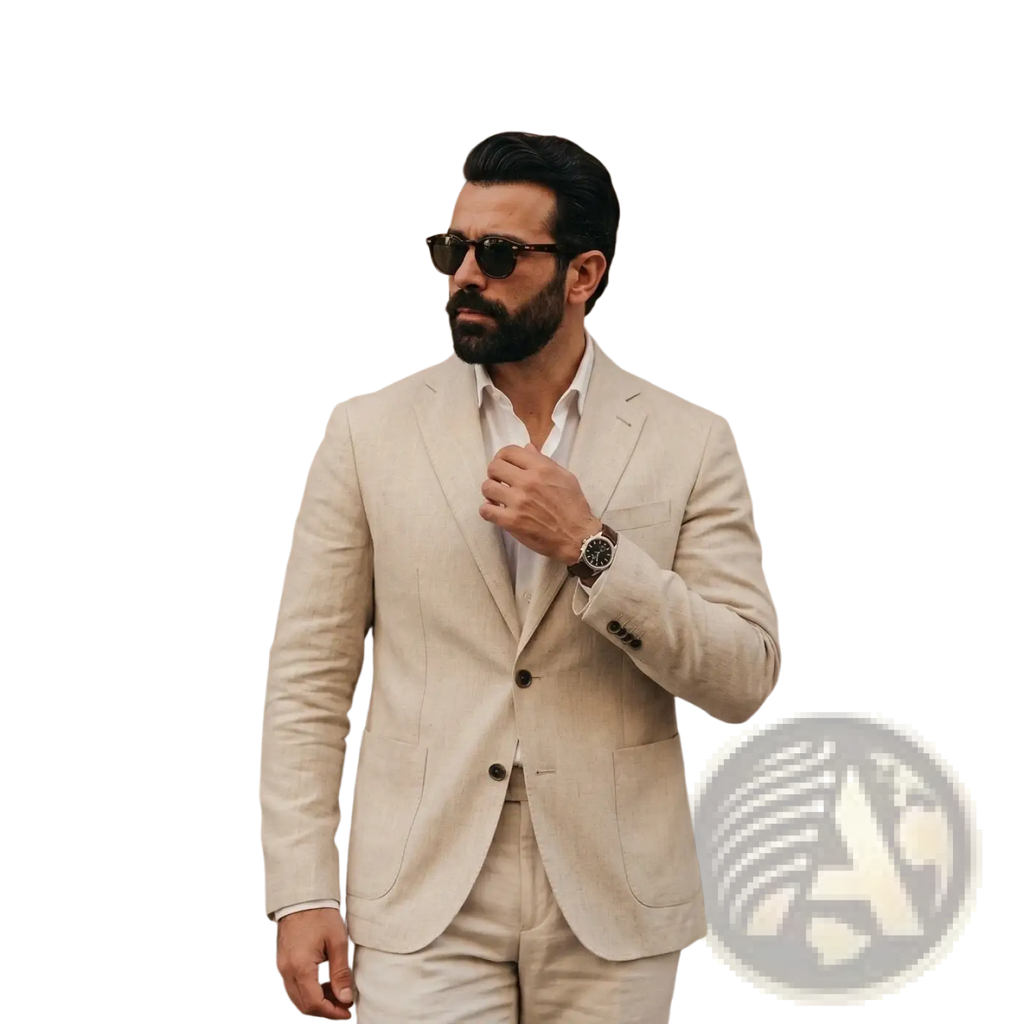 Beige linen blazer men summer smart casual jacket with two-button closure and subtle textured fabric
