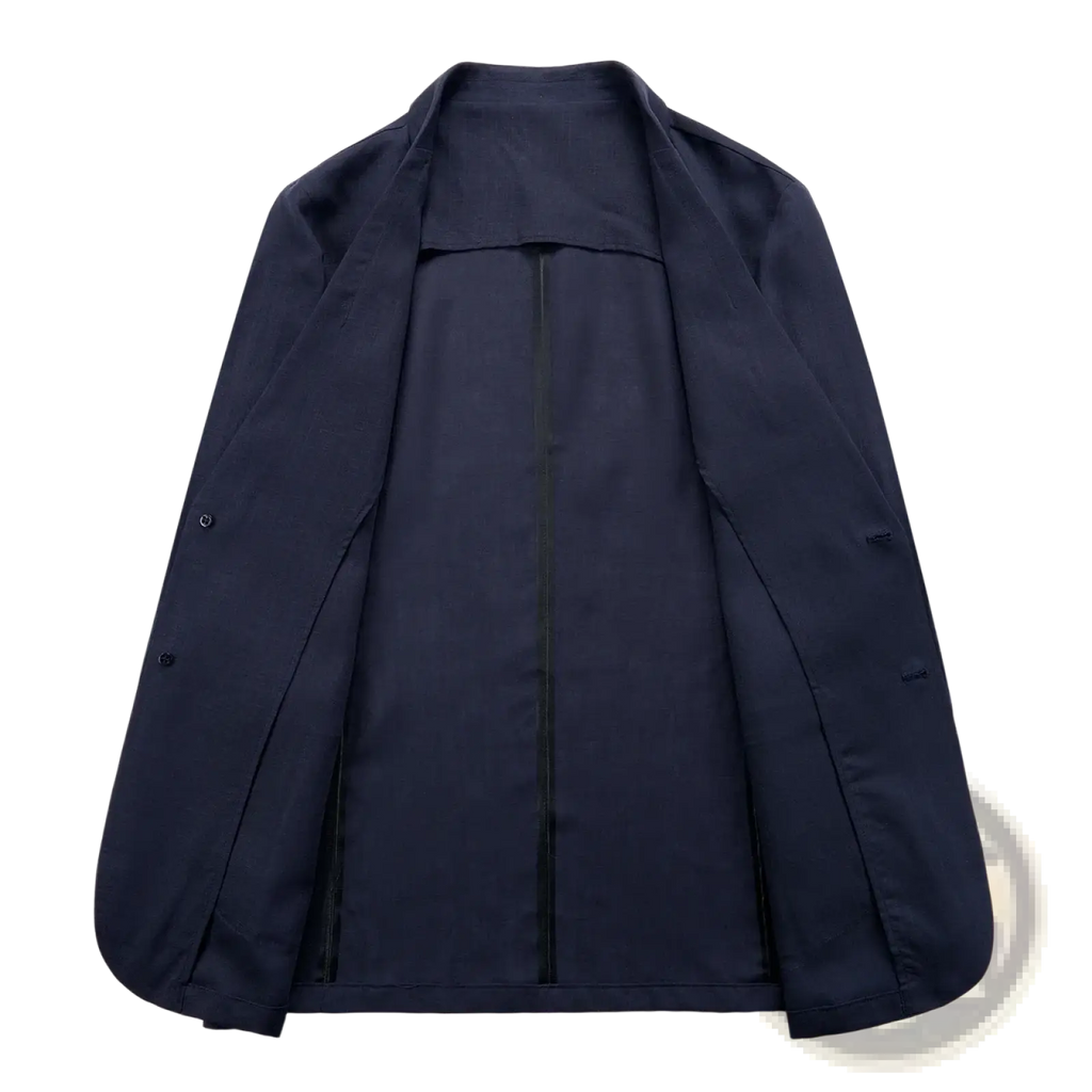 Dark navy men linen blazer summer smart casual jacket with sleek minimalist design and subtle stitching details