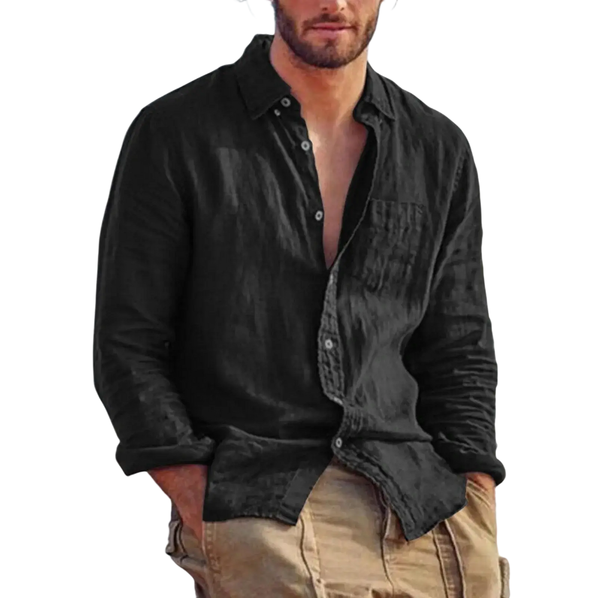 Men linen blend casual shirt in black with a relaxed fit and subtle textured linen fabric for comfortable wear