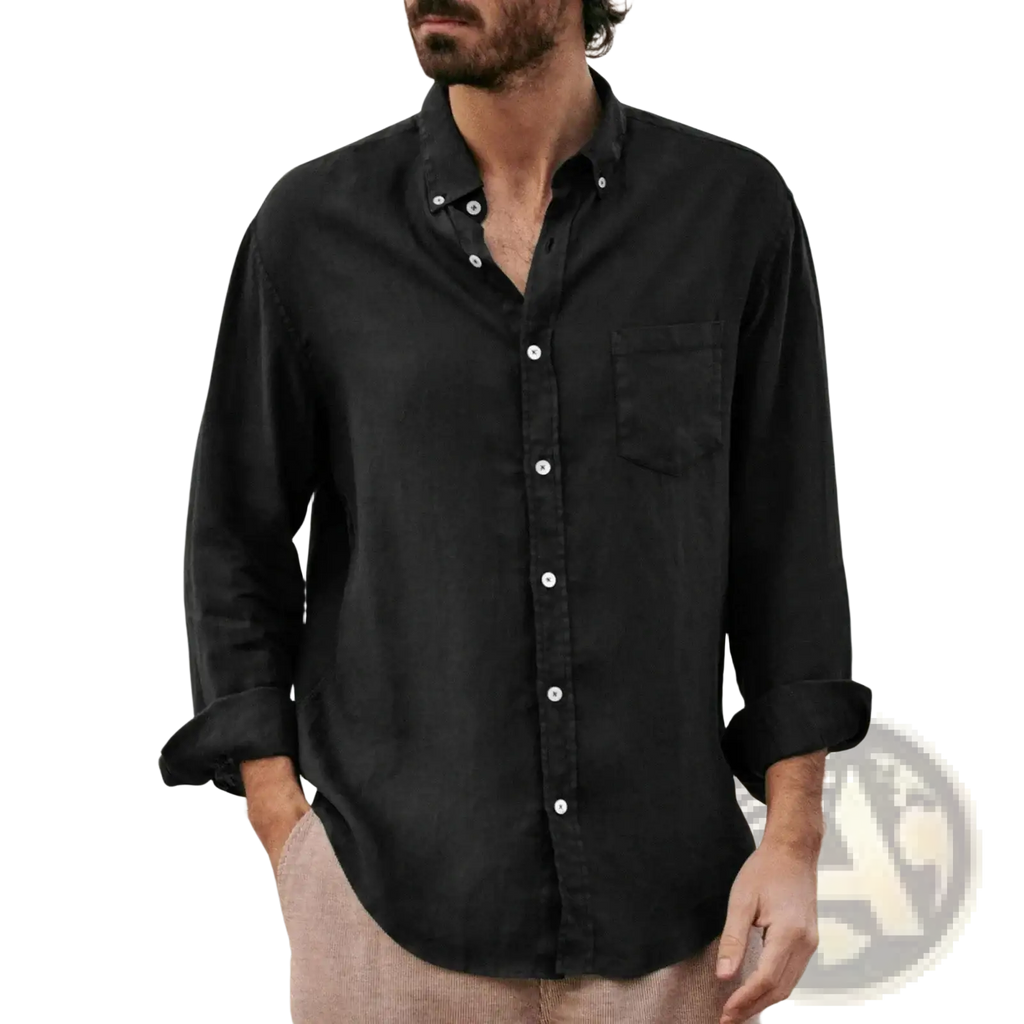 Men linen blend casual shirt in black with long sleeves white buttons and a chest pocket for versatile wear