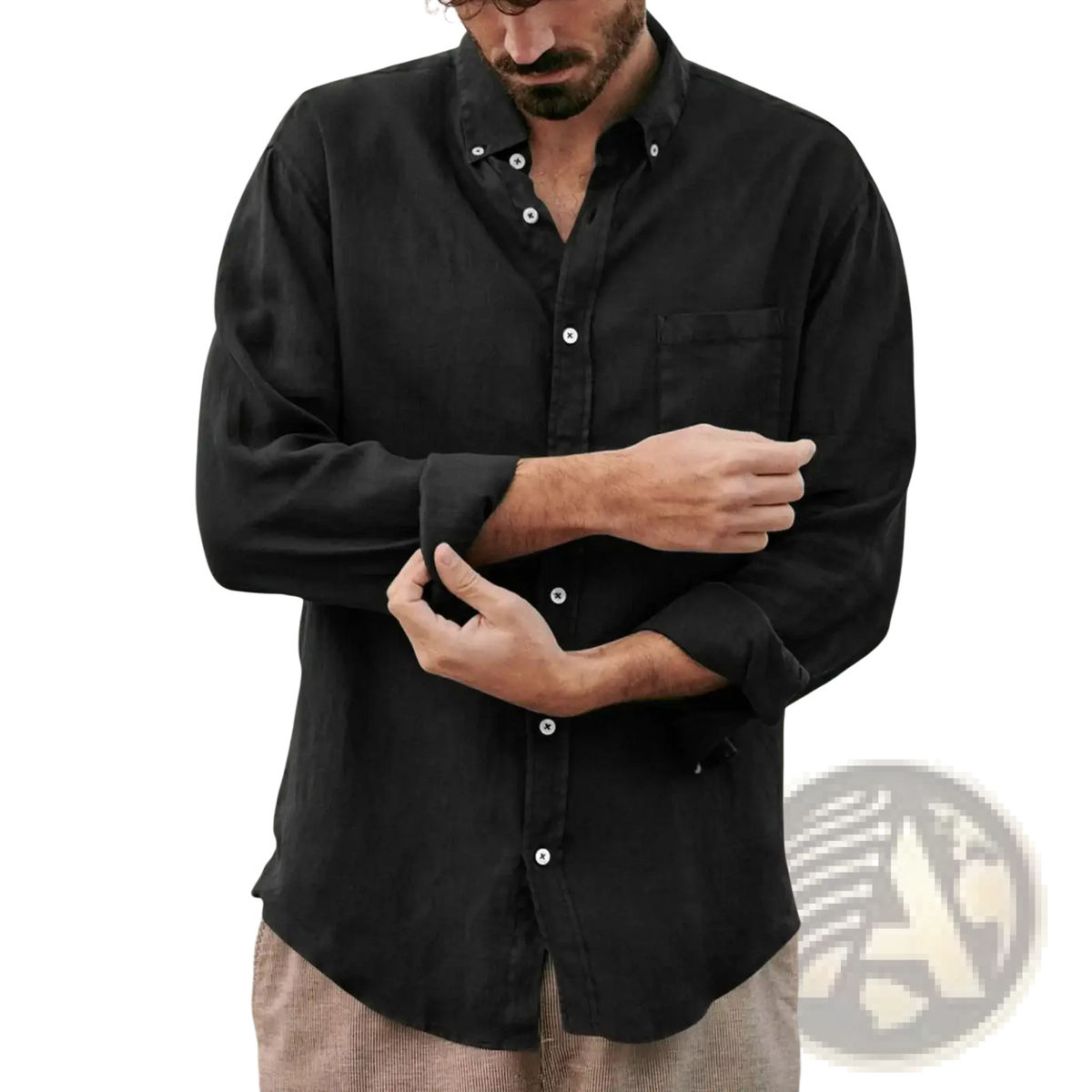 Men linen blend casual shirt black long-sleeved button-down with white buttons and chest pocket