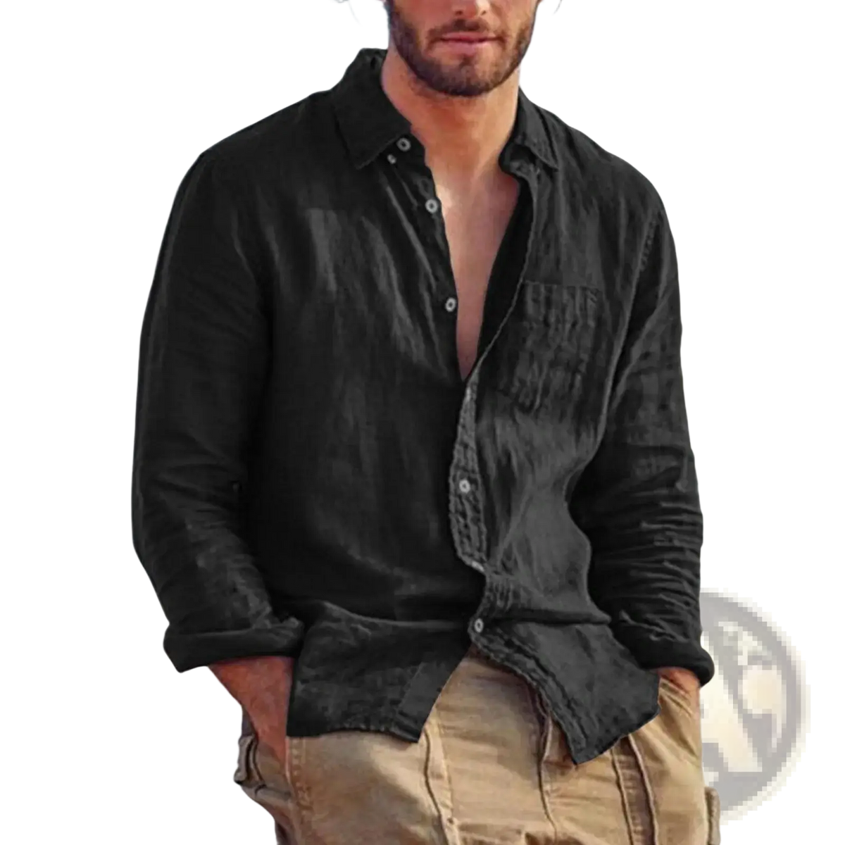 Men linen blend casual shirt in black with a relaxed fit and subtle textured linen fabric for comfortable wear